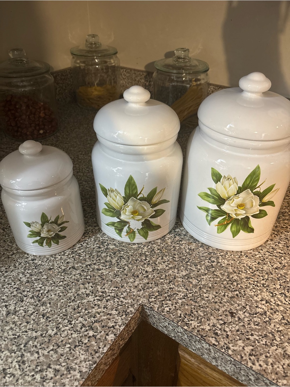 White Ceramic Canister Set with Floral Magnolias